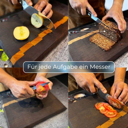 Scharfe Klinge des „Sakura“ Messers beim Schneiden von Gemüse